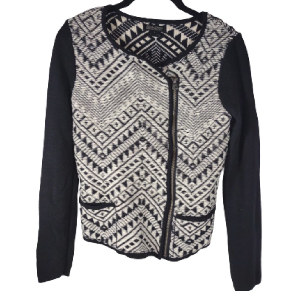 Lucky Brand Black and White Zip Jacket Tapestry Boho Aztec Tribal Size S…